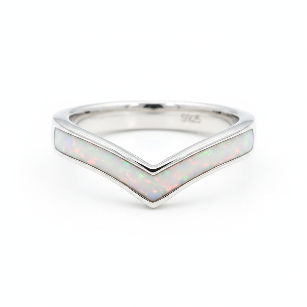 Wishbone 925 Silver Ring with white pearl opal resin channel — pure white background