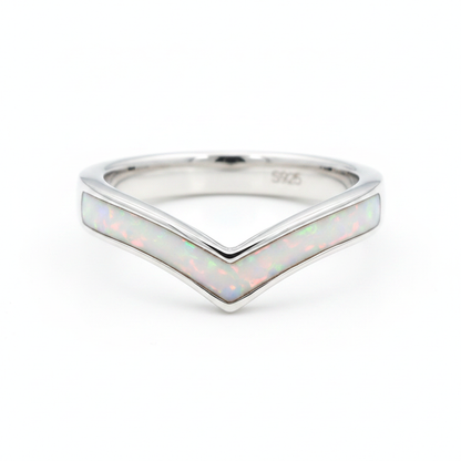 Wishbone 925 Silver Ring with white pearl opal resin channel — pure white background
