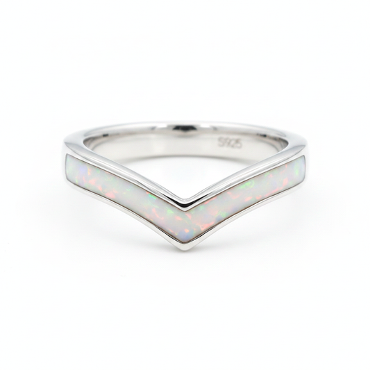 Wishbone 925 Silver Ring with white pearl opal resin channel — pure white background