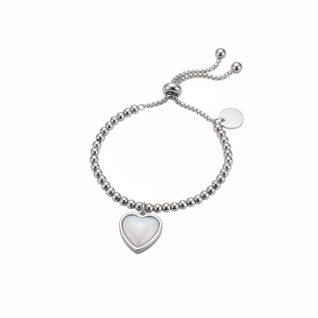 Beaded heart adjustable memorial bracelet with white pearl opal resin inclusion