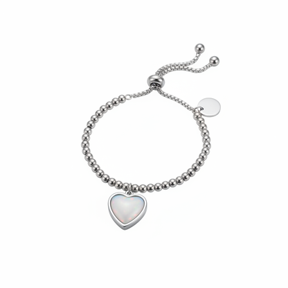Beaded heart adjustable memorial bracelet with white pearl opal resin inclusion