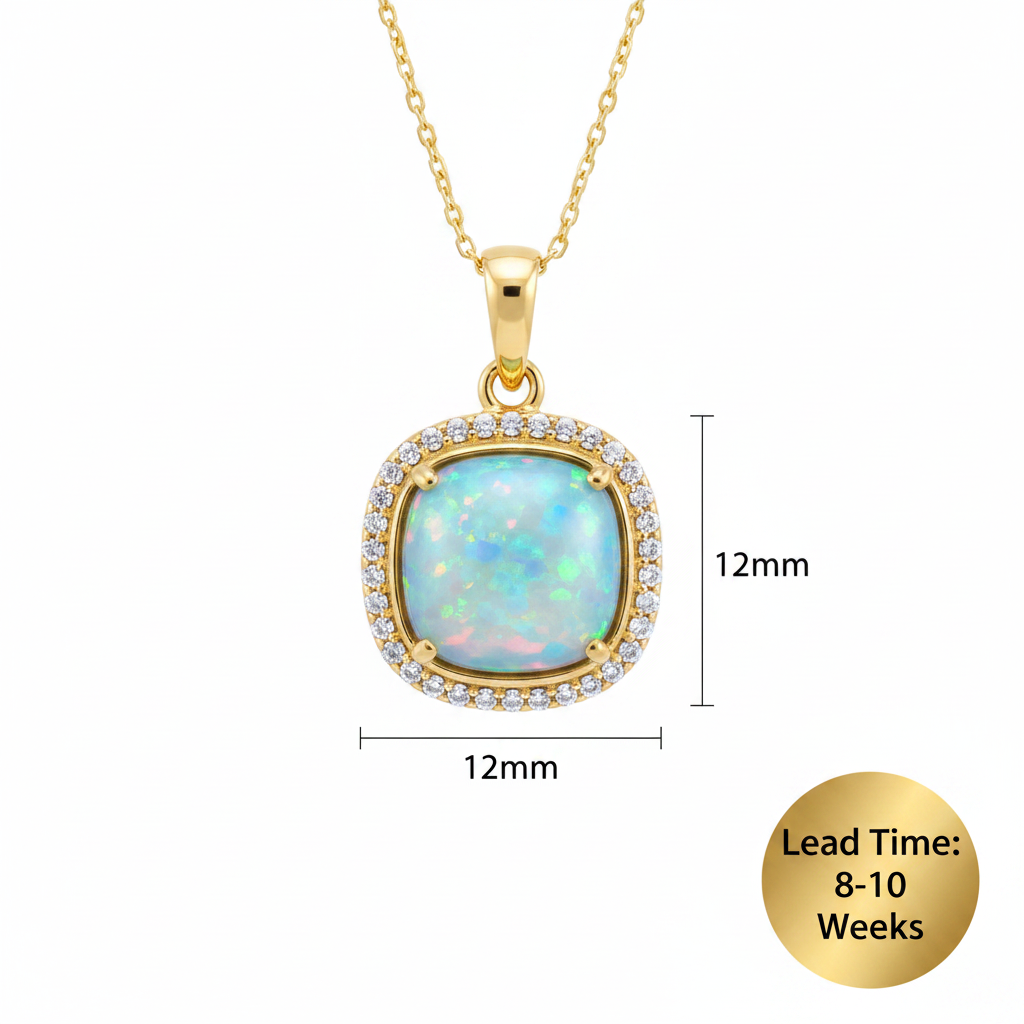 9ct gold CZ cushion memorial pendant dimensions guide 12x12mm, matching blank shape, white background, lead time 8-10 weeks