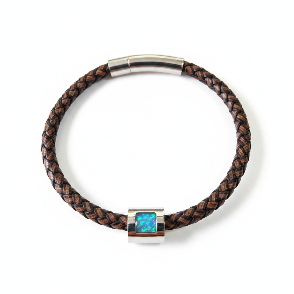 Genuine brown leather memorial bracelet with blue teal opal resin bead - ashes hair fur keepsake
