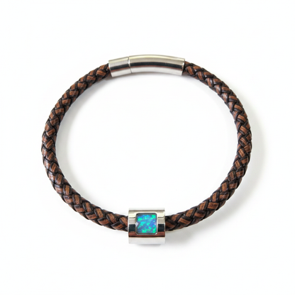 Genuine brown leather memorial bracelet with blue teal opal resin bead - ashes hair fur keepsake