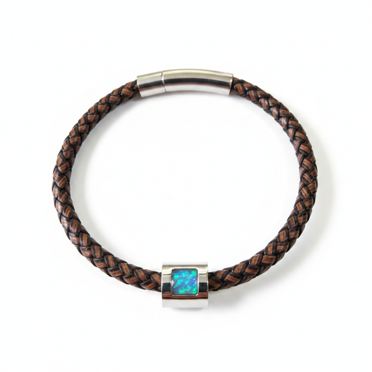 Genuine brown leather memorial bracelet with blue teal opal resin bead - ashes hair fur keepsake