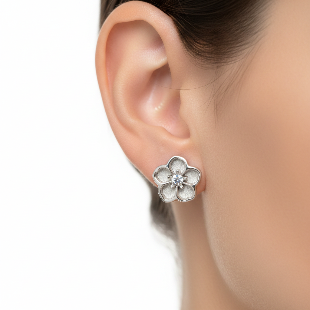 Forget-Me-Not 925 silver stud earrings — lifestyle model shot