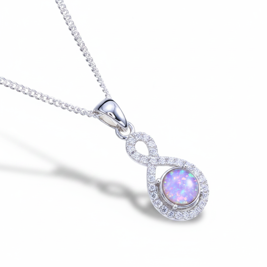 CZ Infinity Pendant Necklace 925 Sterling Silver with lavender purple opal flake inclusion on silver chain