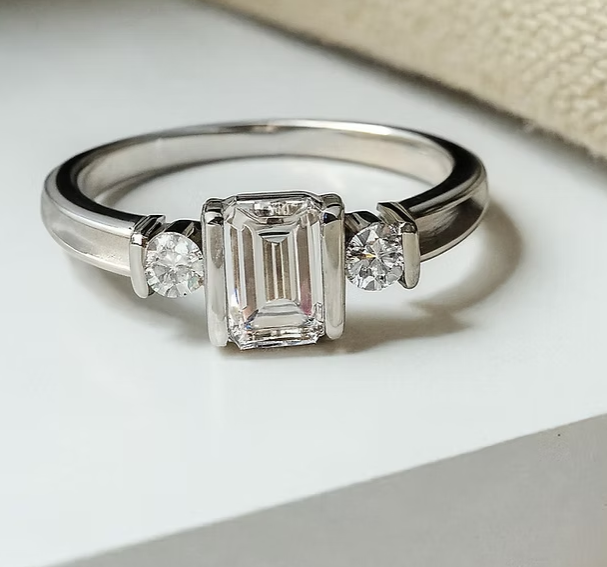 Emerald Cut Triple CZ Bezel 925 Silver Ring | Ashes & Hair Memorial Keepsake