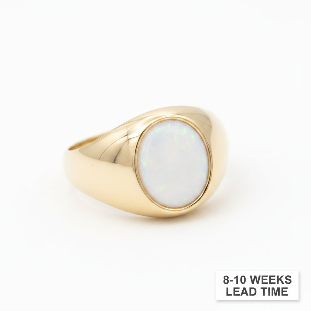 9ct gold men's oval signet ring with white pearl opal resin in oval bezel, white background, 8-10 weeks lead time