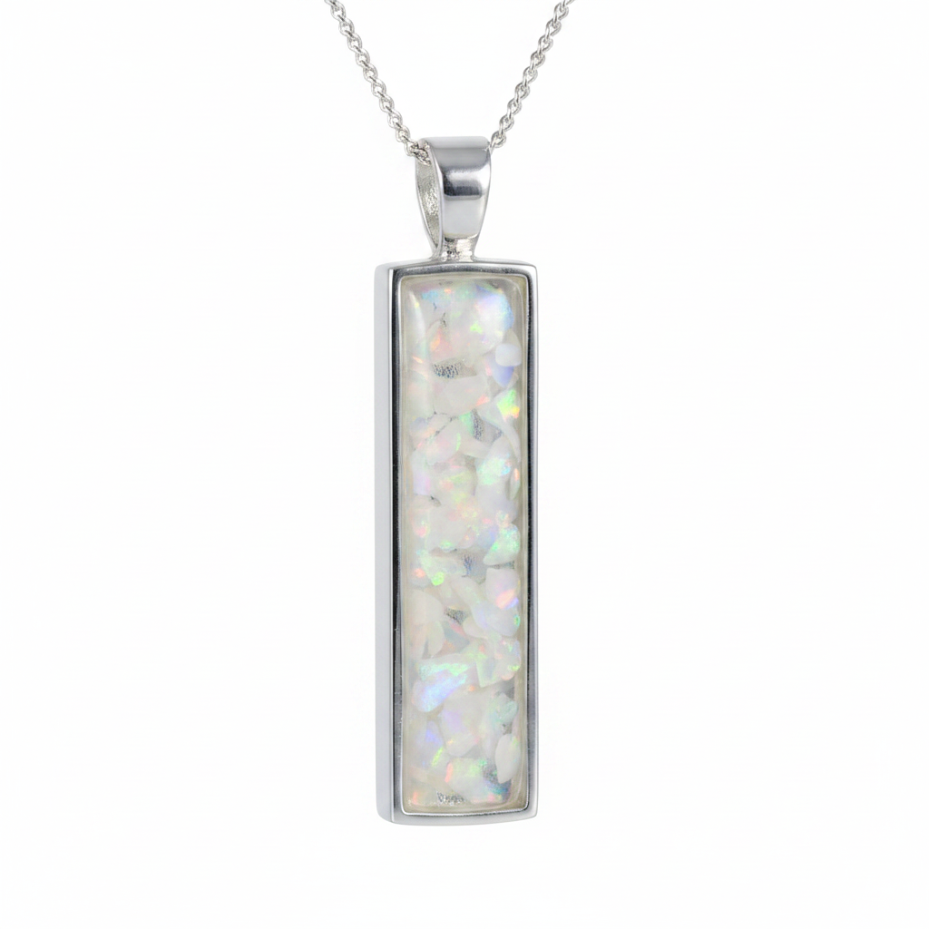 Silver 925 rectangular bar memorial pendant — white pearl opal flakes domed resin inclusion