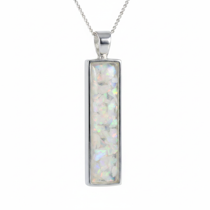 Silver 925 rectangular bar memorial pendant — white pearl opal flakes domed resin inclusion