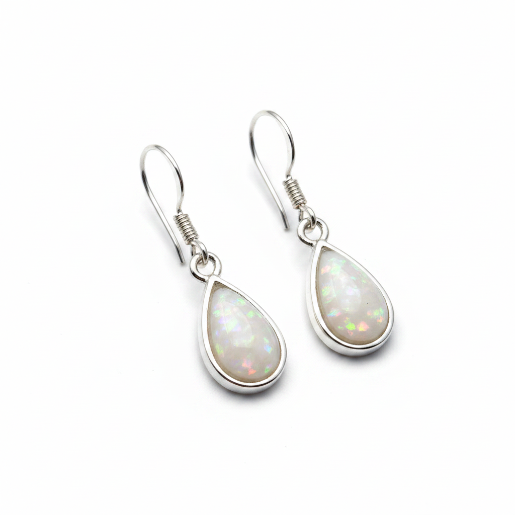 Silver 925 dainty teardrop drop earrings - white pearl opal resin