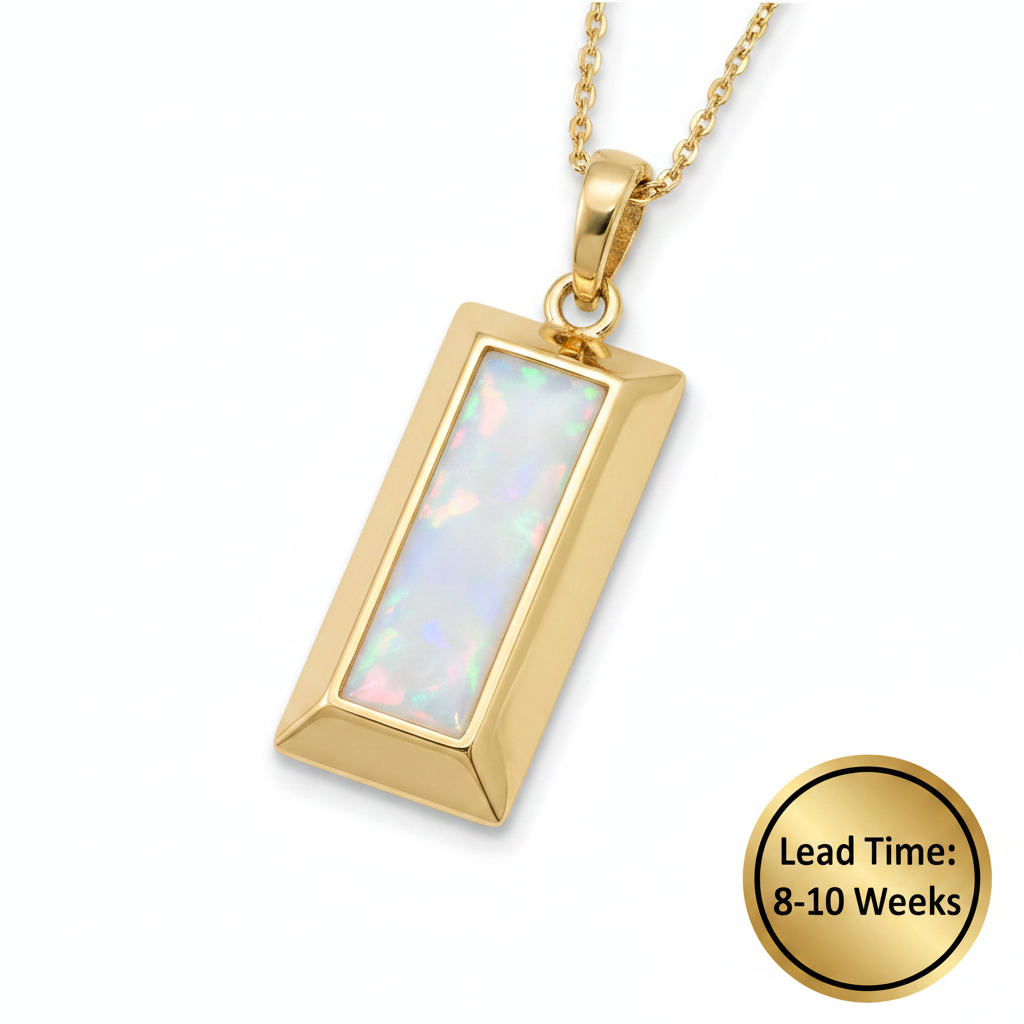 9ct yellow gold 3D bullion bar pendant with white pearl opal resin on chain, white background, lead time 8-10 weeks