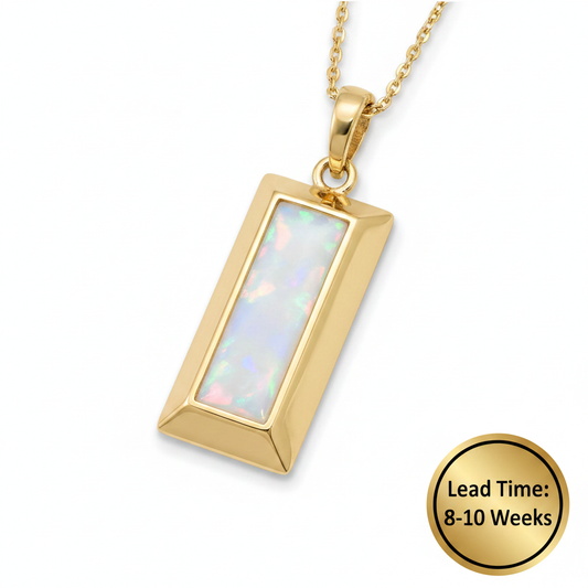 9ct yellow gold 3D bullion bar pendant with white pearl opal resin on chain, white background, lead time 8-10 weeks