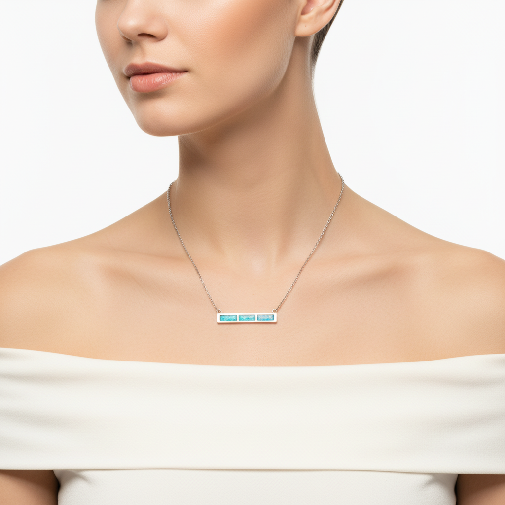 Model wearing rectangle trio bar memorial pendant necklace stainless steel showing true scale