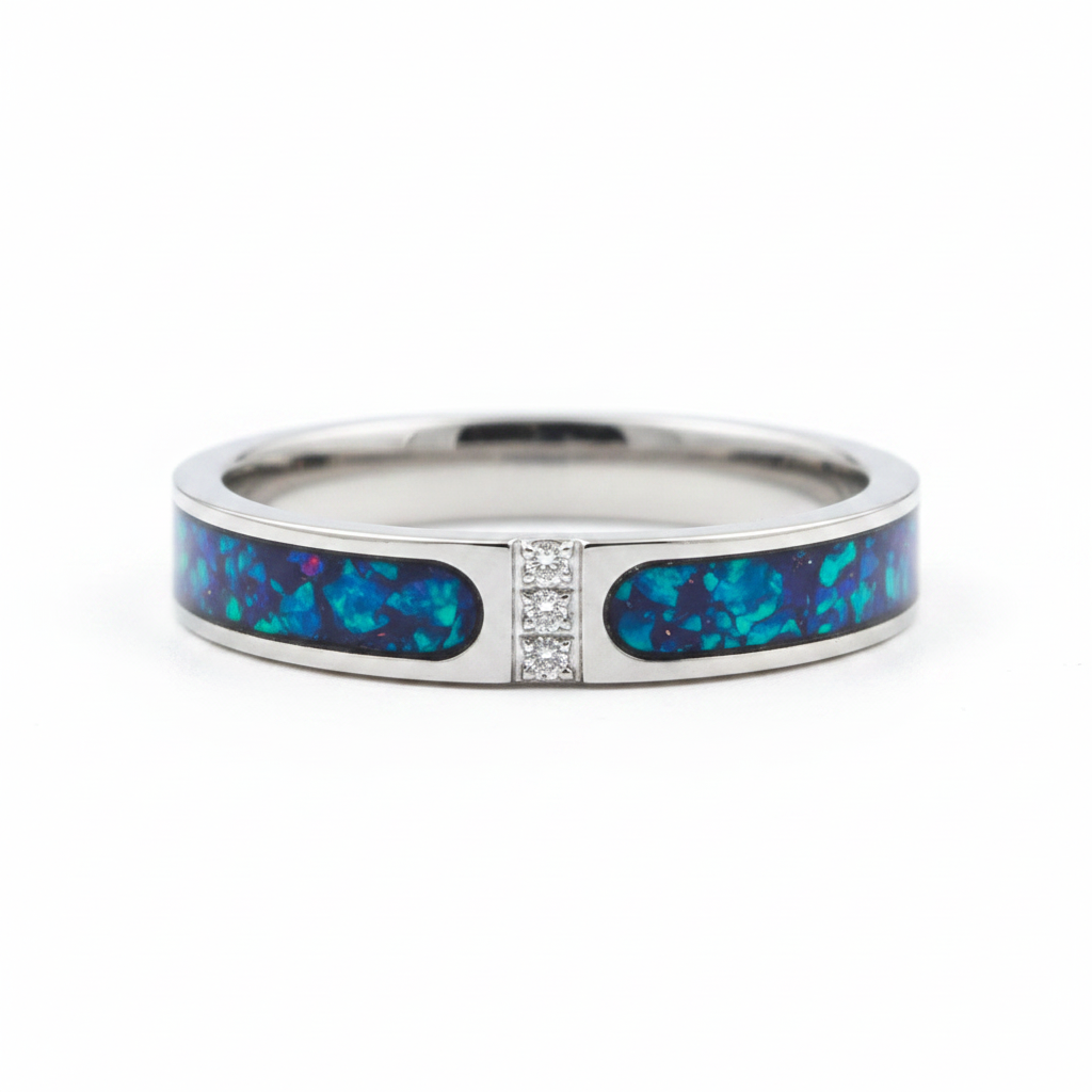 Zircon part channel memorial ring in blue teal opal stainless steel