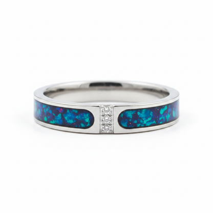 Zircon part channel memorial ring in blue teal opal stainless steel
