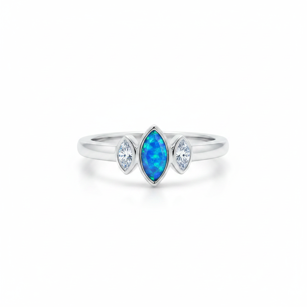Trio almond sterling silver memorial ring with blue teal opal flakes in marquise central bezel