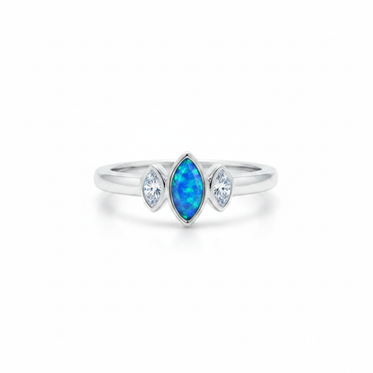 Trio almond sterling silver memorial ring with blue teal opal flakes in marquise central bezel