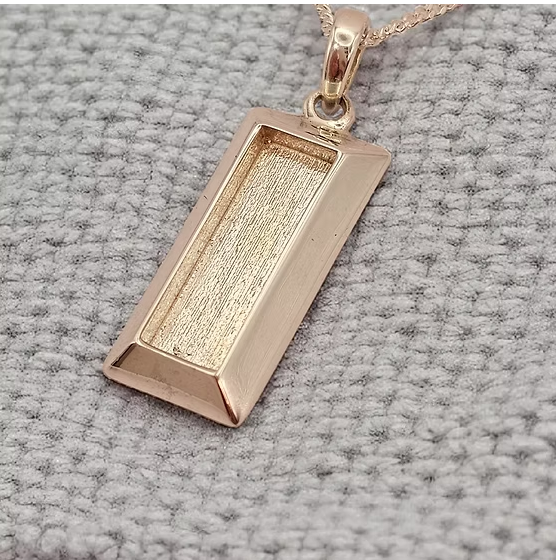 9ct rose gold 3D bullion bar pendant on delicate chain, solid rectangular form with bevelled edges and deep recessed centre channel blank for resin