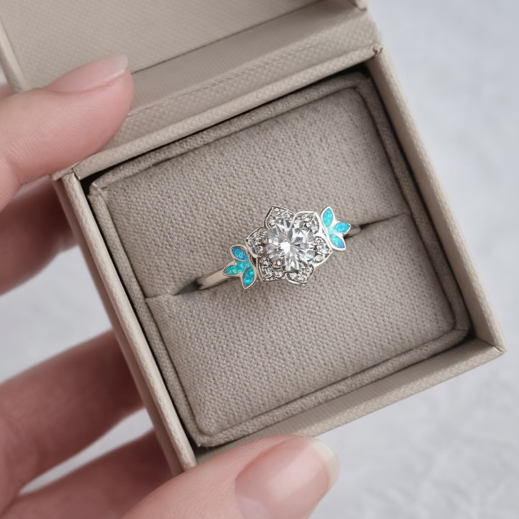 Vintage floral 925 silver CZ ring with blue teal opal resin in jewellery box white background