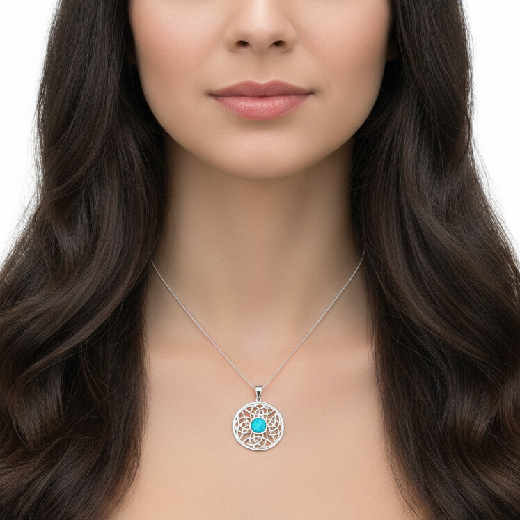 Model wearing silver 925 round Celtic knotwork memorial pendant at true 28mm scale