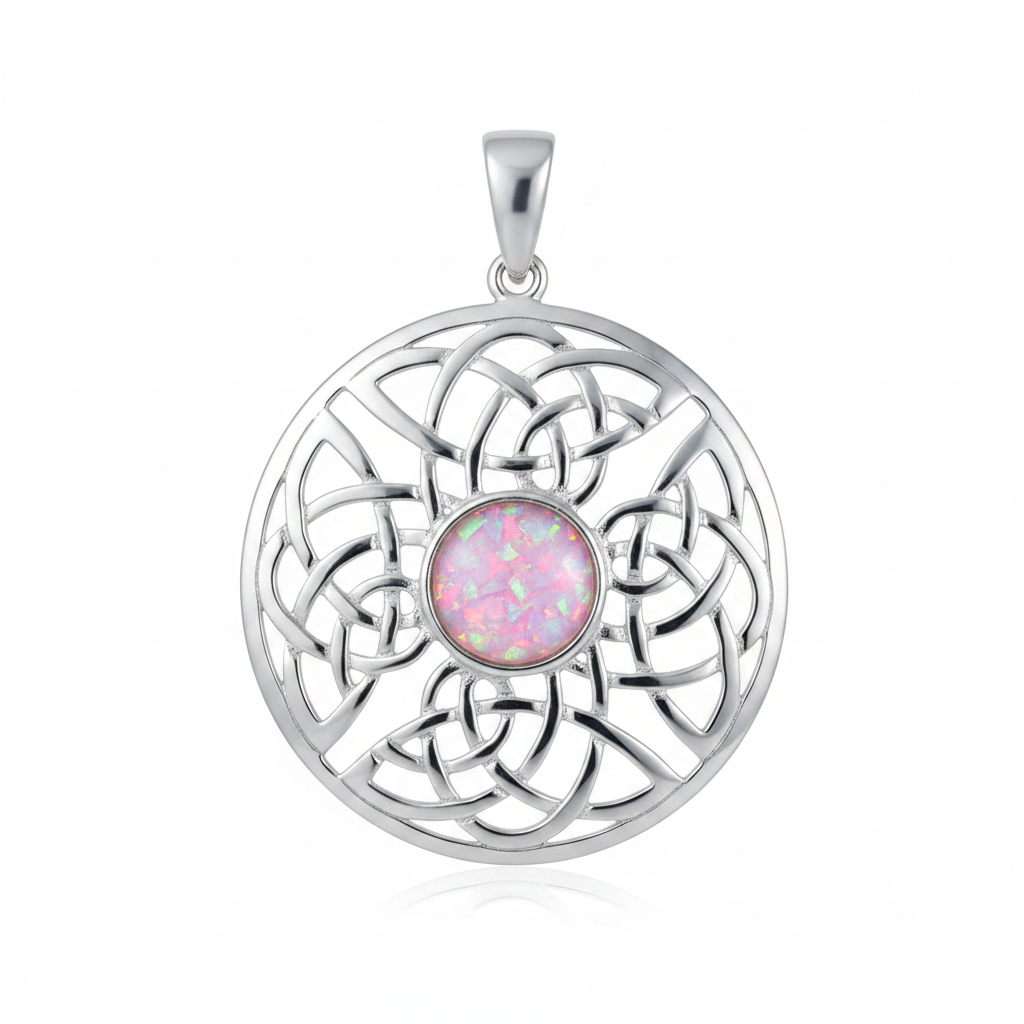 Silver 925 round Celtic knotwork memorial pendant with pink opal flakes, white background