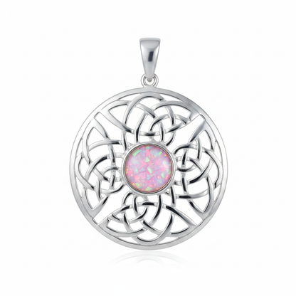 Silver 925 round Celtic knotwork memorial pendant with pink opal flakes, white background