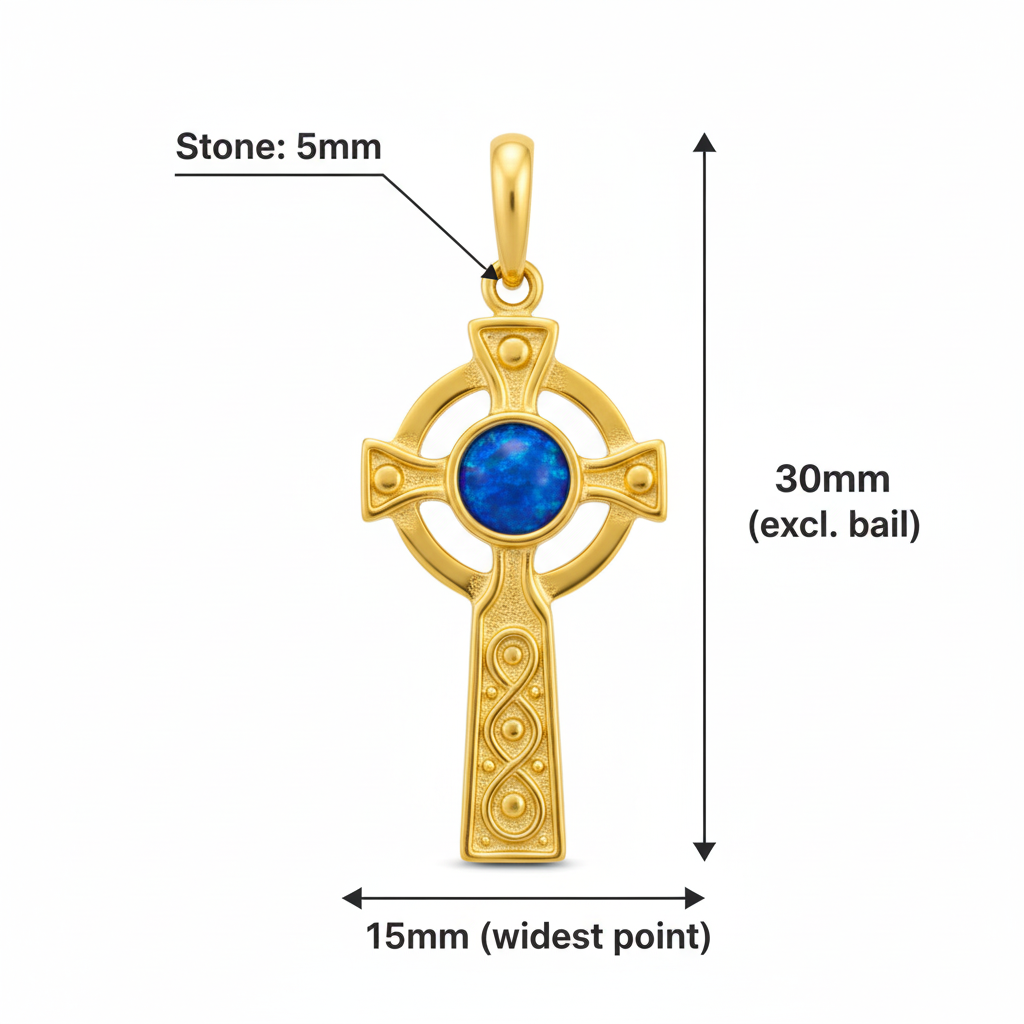 9ct gold Celtic cross memorial pendant size guide – 30x15mm overall, 5mm centre stone, excl. bail