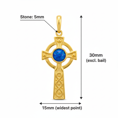 9ct gold Celtic cross memorial pendant size guide – 30x15mm overall, 5mm centre stone, excl. bail