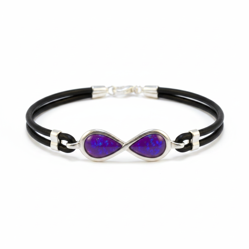 Silver 925 infinity memorial bracelet — lavender purple opal flakes resin in both infinity loop settings on black leather cord