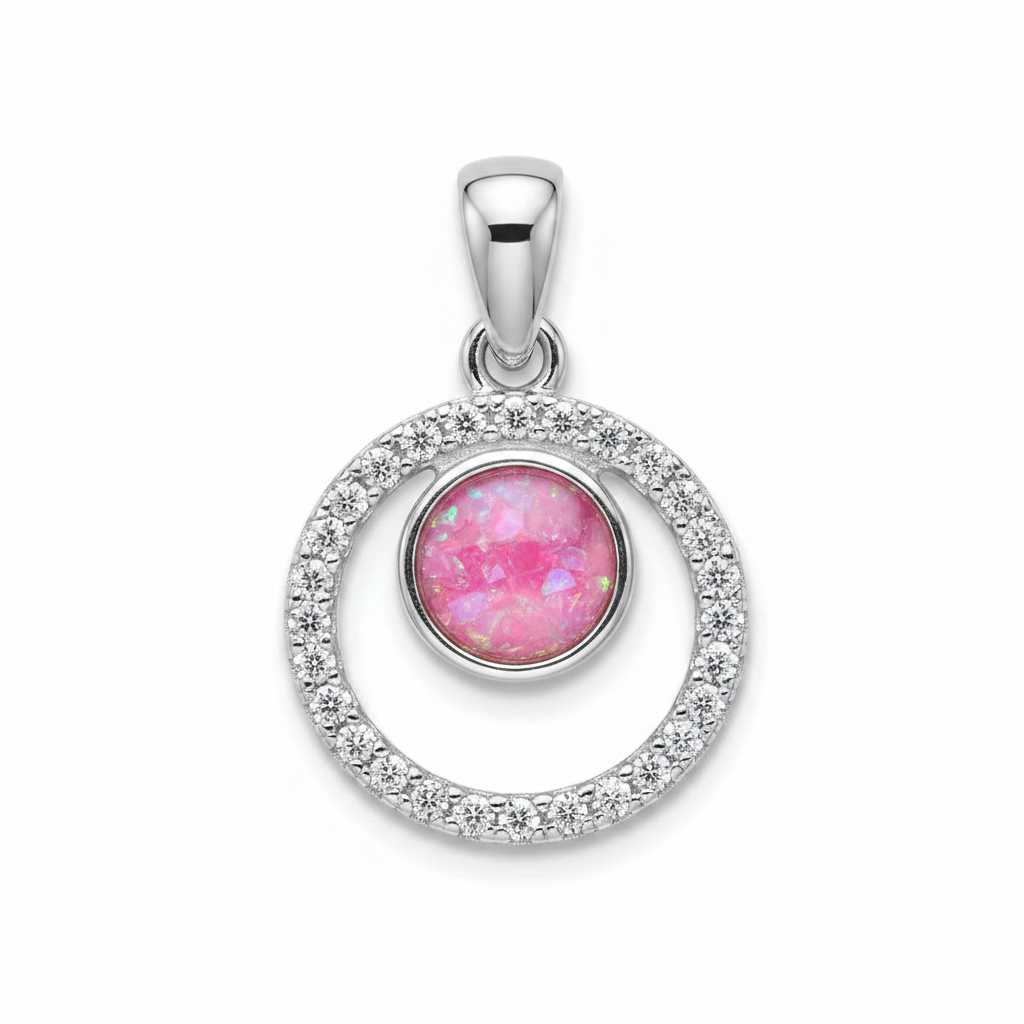 Silver 925 double circle CZ memorial pendant with pink opal flakes, white background