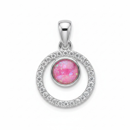 Silver 925 double circle CZ memorial pendant with pink opal flakes, white background
