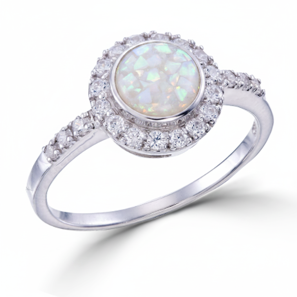 Round CZ Halo Memorial Ring 925 Sterling Silver with white pearl opal flake inclusion