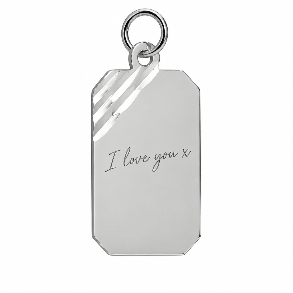 Illustrative handwriting engraving on proportionally sized 925 Sterling Silver diamond-cut rectangular pendant, pendant-only view