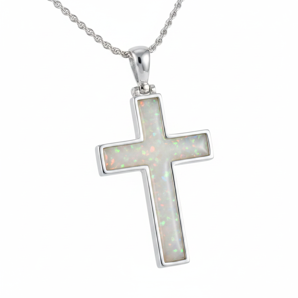 Silver 925 cross memorial pendant — white pearl opal flakes resin filling full cross channel