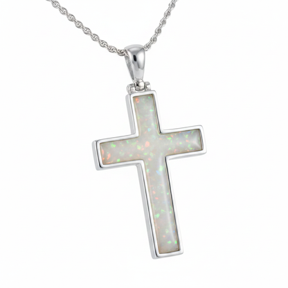 Silver 925 cross memorial pendant — white pearl opal flakes resin filling full cross channel