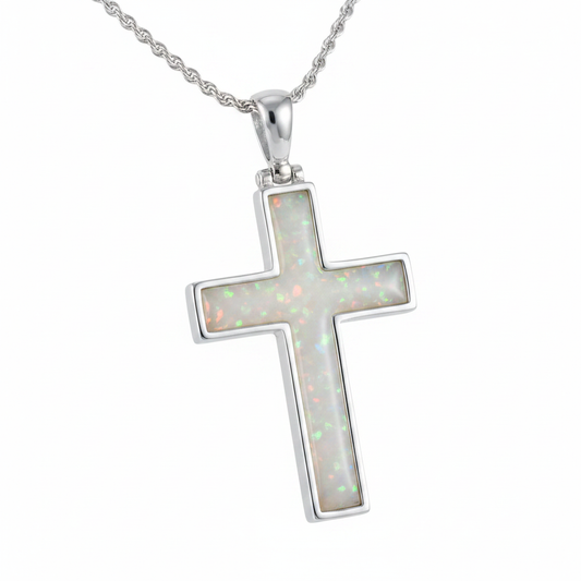 Silver 925 cross memorial pendant — white pearl opal flakes resin filling full cross channel