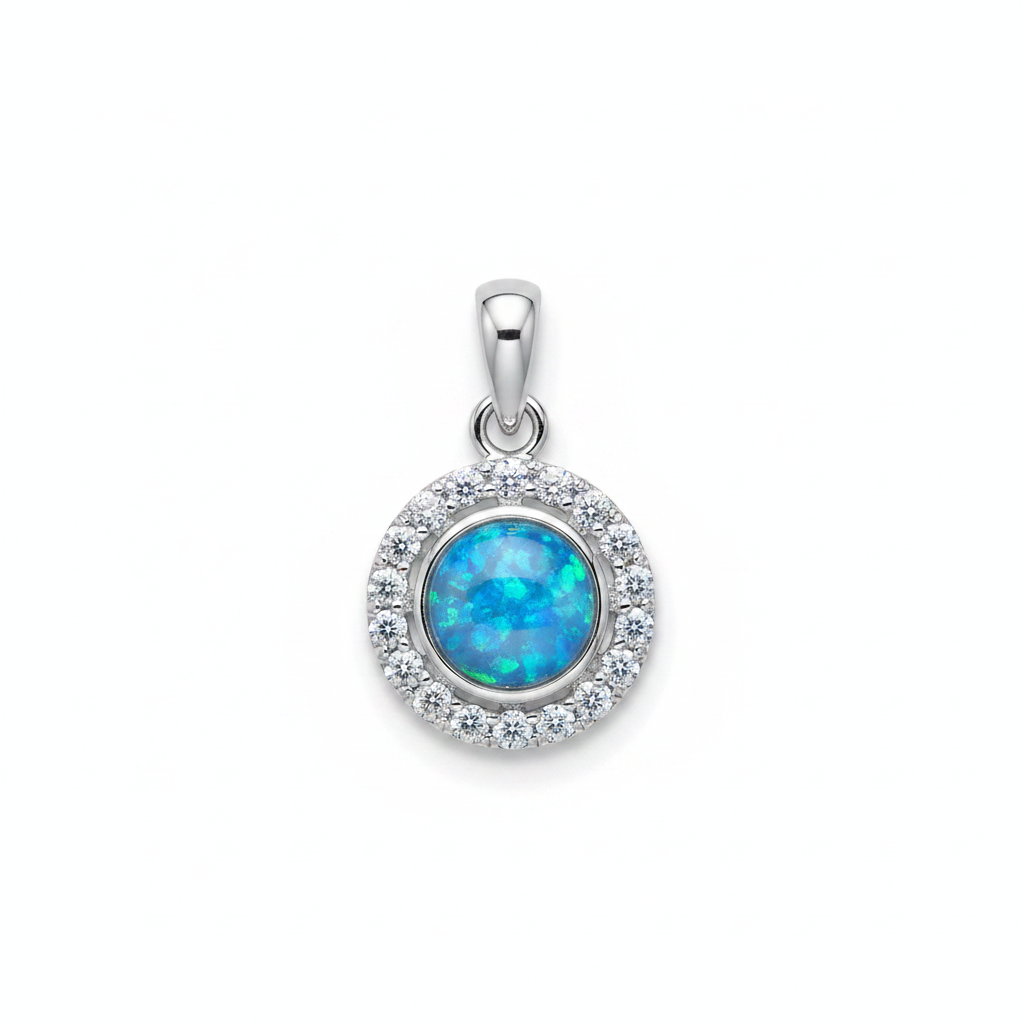 Silver 925 round halo CZ memorial pendant with blue opal flakes, white background