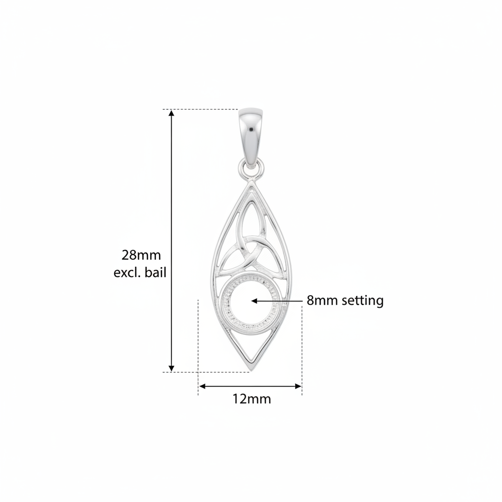 Silver 925 Celtic marquise memorial pendant dimensions — 28x12mm excl. loose bail, 8mm round centre