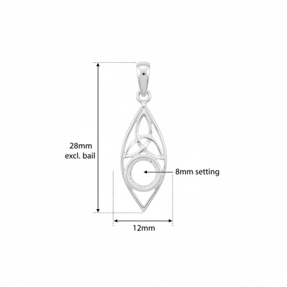 Silver 925 Celtic marquise memorial pendant dimensions — 28x12mm excl. loose bail, 8mm round centre