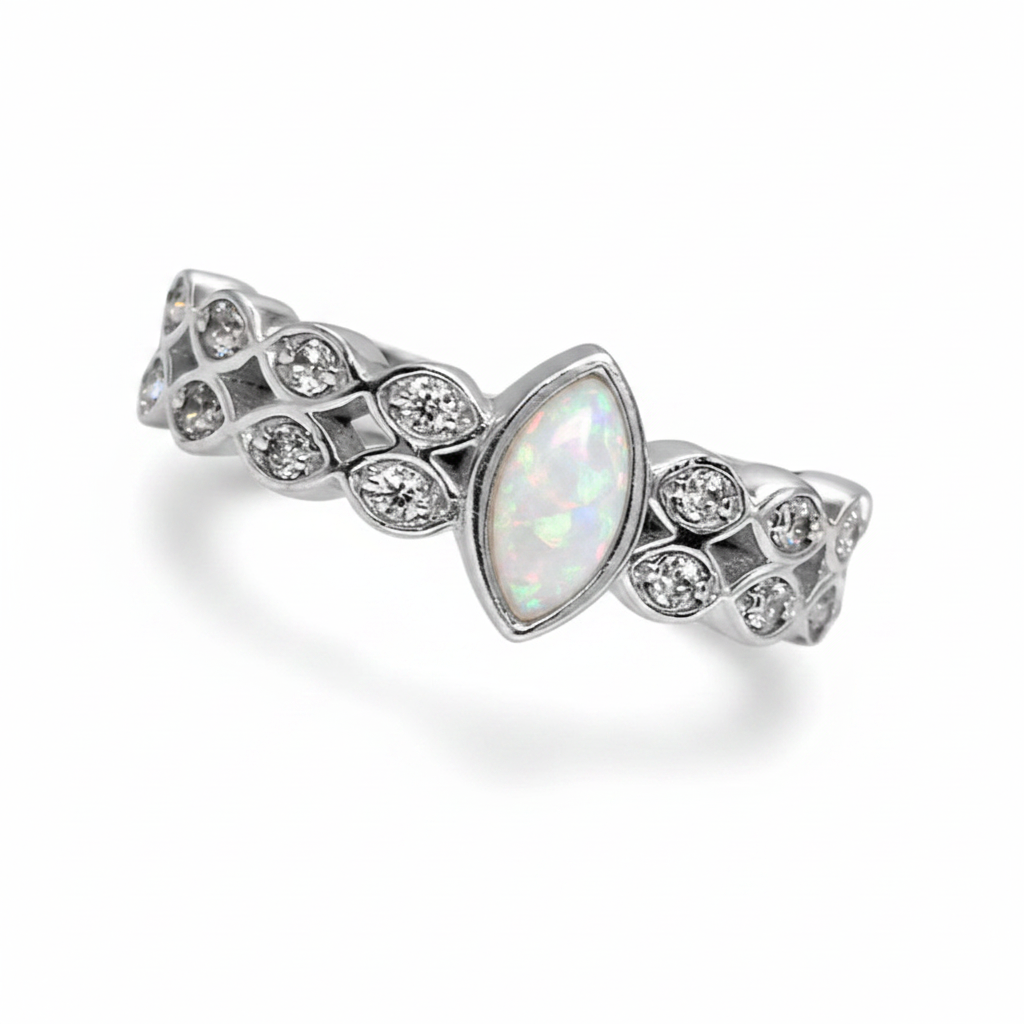 Double marquise band CZ 925 silver ring with white pearl opal resin in 7x4mm central marquise setting on white background