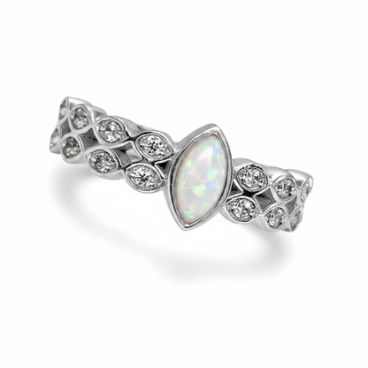 Double marquise band CZ 925 silver ring with white pearl opal resin in 7x4mm central marquise setting on white background