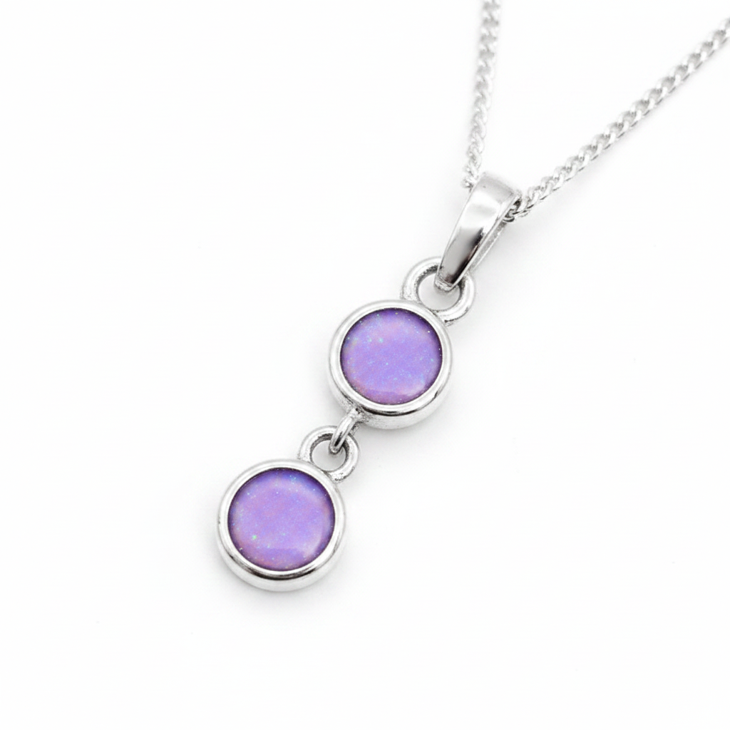 Two Round Bezel 925 Silver Memorial Pendant with lavender opal resin in both bezels — white background