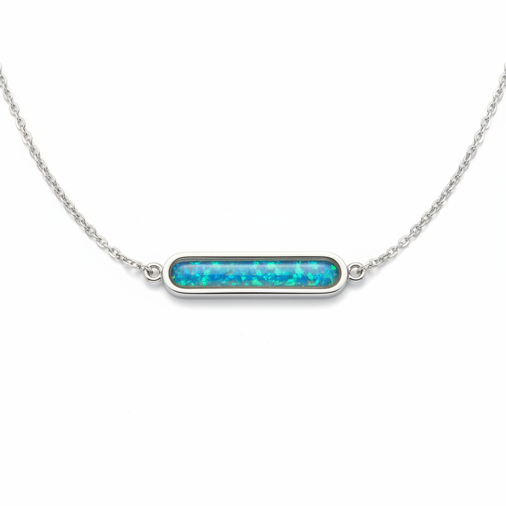 Slim bar memorial pendant necklace 316L stainless steel blue teal opal flakes