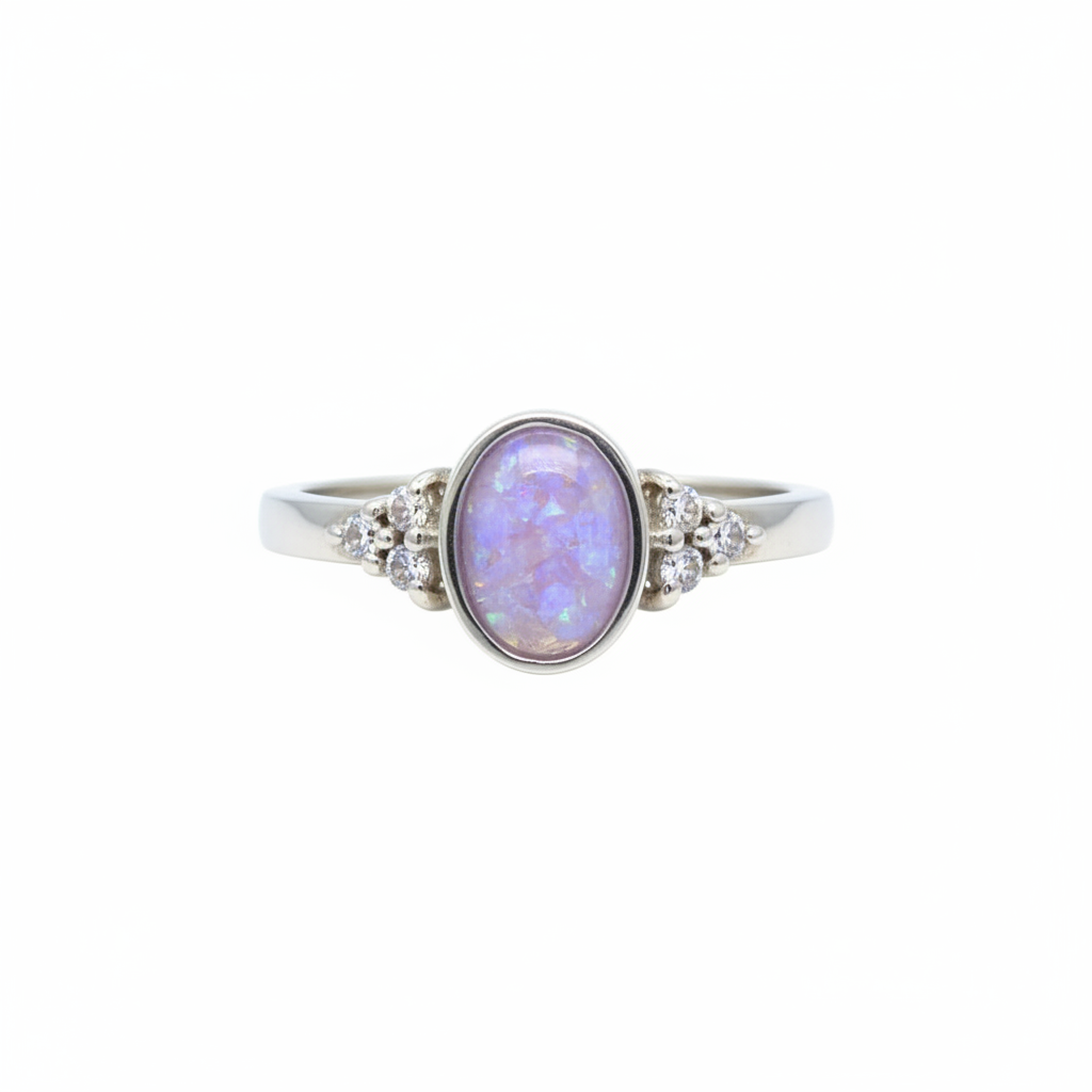 925 sterling silver oval triple CZ memorial ring with lavender purple opal resin in oval bezel on white background