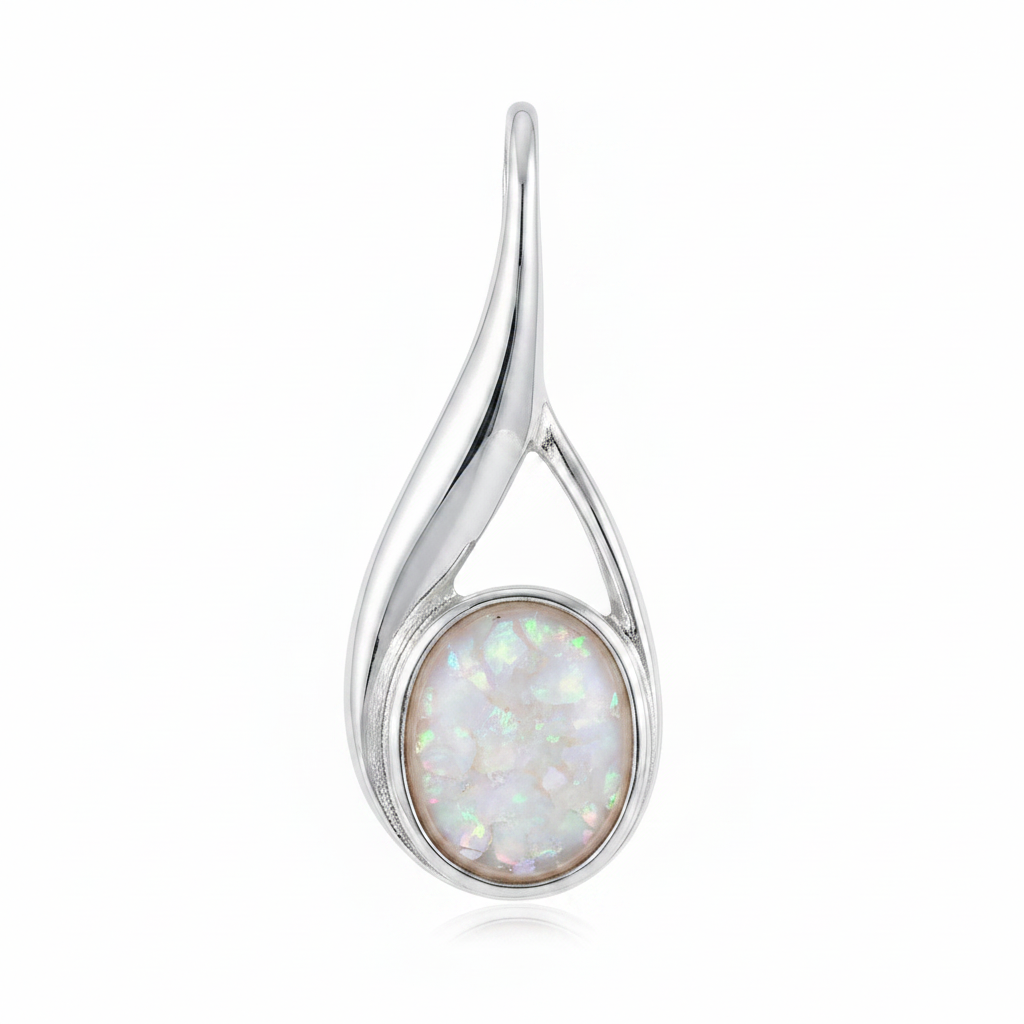 Silver 925 fluid twist teardrop memorial pendant with white opal and mica, white background