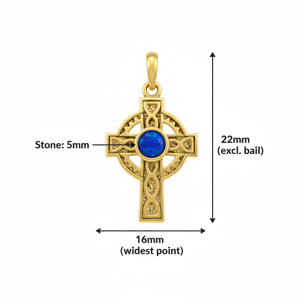 9ct gold Celtic cross memorial pendant size guide – 22x16mm overall, 5mm centre stone, excl. bail