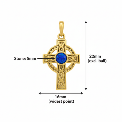 9ct gold Celtic cross memorial pendant size guide – 22x16mm overall, 5mm centre stone, excl. bail