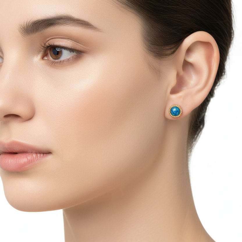 Model wearing gold bead edge round stud earrings with blue opal memorial resin